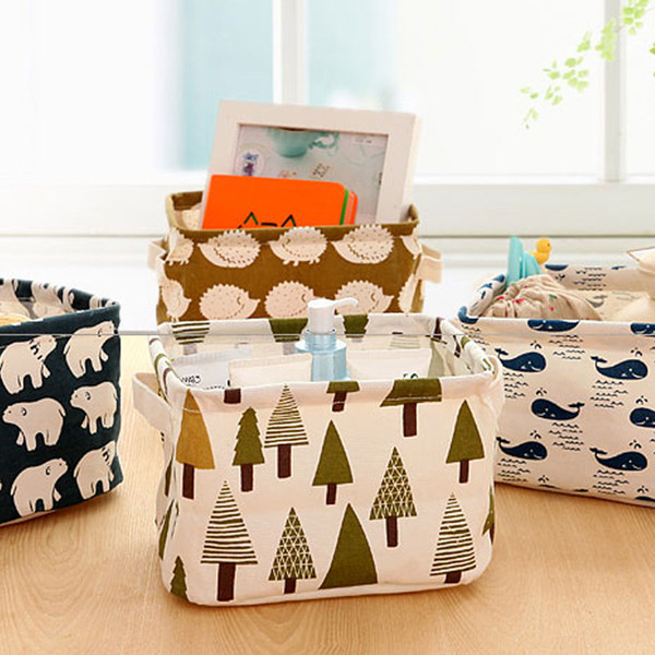 Desktop Fabric Storage Basket Hot Cute Printing Cotton Linen Sundries Storage Box Houseold Folding Underwear Sundries Organizer Case