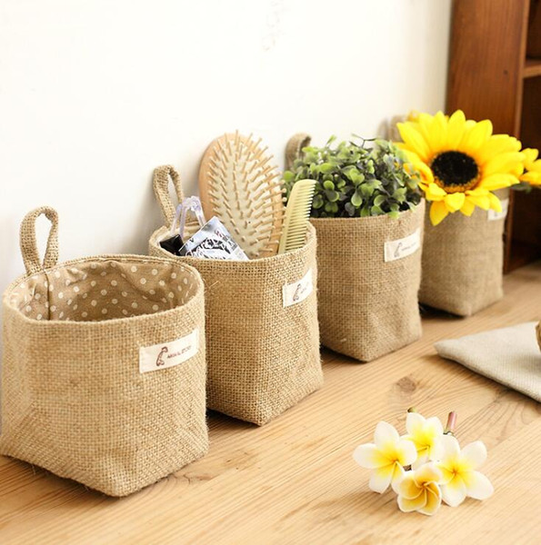 Wholesale Zakka style storage box jute with cotton lining sundries basket mini desktop storage bag hanging bags 1pcs/lot