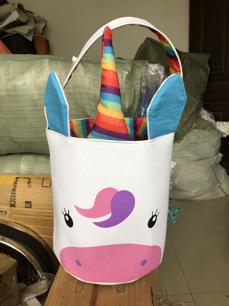 Easter Basket Large Canvas unicorn Pattern colored Bucket Bag Wholesale New Design Lovely Gift unicorn Easter Basket