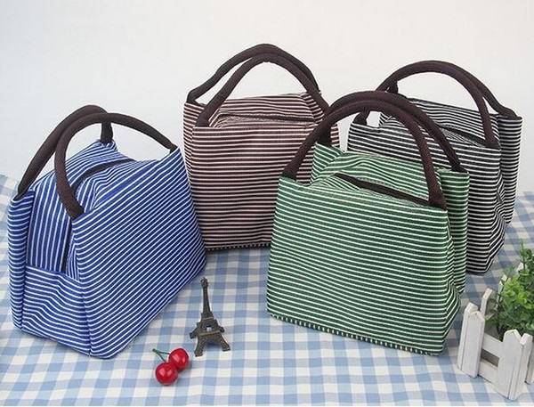 Leisure Women Portable Lunch Bag Canvas Stripe Insulated Cooler Bags Thermal Food Picnic Lunch Bags Kids Lunch Box Bag Tote