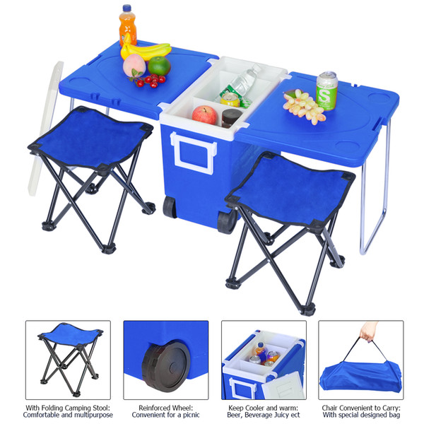 Multi-Function Ice Packs Insulated Beverage Rolling Cooler Warm, Picnic Camping Outdoor Table & 2 Portable Foldable Camping Fishing Chair St