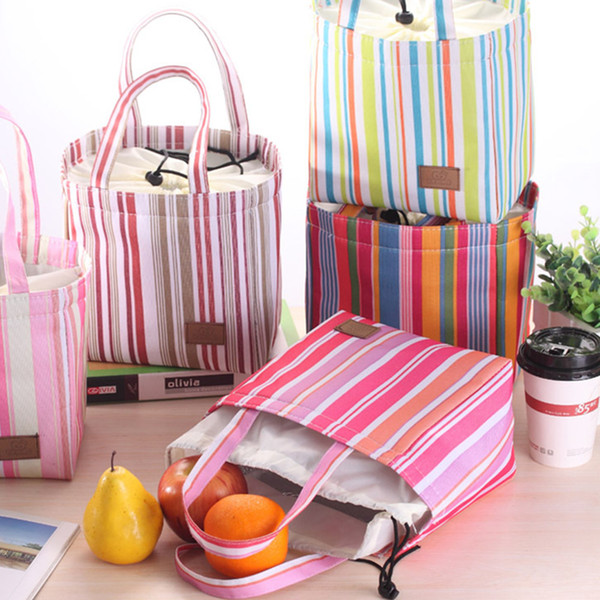 5 PCS Hot Vertical Stripes With Students Holding Meal Box Lunch Bag Waterproof Six Colors Available