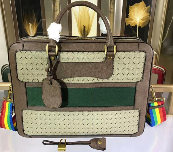 484663 42cm Canvas+Real Leather Laptop bag,Padlock,Colorful Strap,Top Zip Closure,Come with Dust Bag