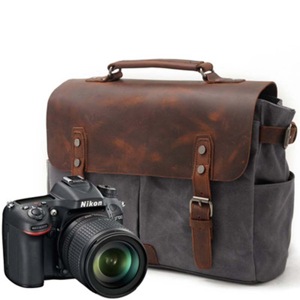 Men's Leisure Oil Wax Canvas Cowhide One Shoulder Bag for Men Waterproof Photo Bag Vintage Camera Bags Canvas Handbags Photo Bag Vintage