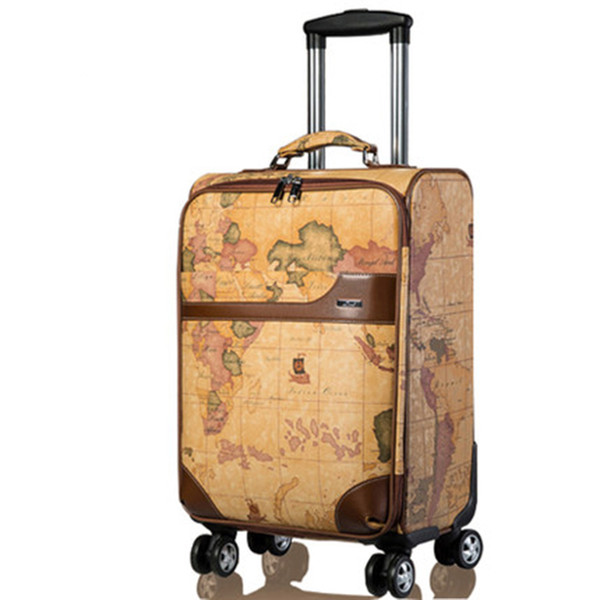 LeTrend Retro map Spinner Rolling Luggage Women Password Trolley Men Suitcase Wheels 20 inch PU Leather Cabin Travel Bag Trunk