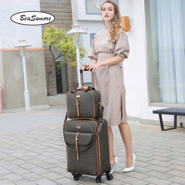 BeaSumore Creative Retro Rolling Luggage Sets Spinner PU Leather Women Password Suitcase Wheels 16/20 inch Carry Ons Trolley