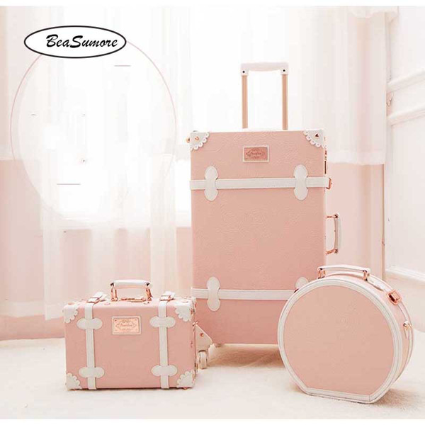 BeaSumore Retro PU Leather Rolling Luggage Sets Spinner Vintage Women Suitcase Wheel Trolley Women's Handbag Travel Bag