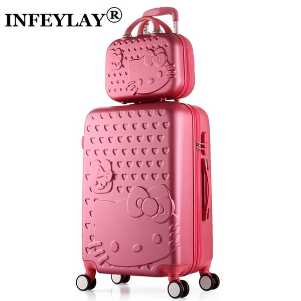 2PCS/SET Lovely 14inch Cosmetic bag hello Kitty 20 24 inches girl students trolley case Travel luggage woman rolling suitcase