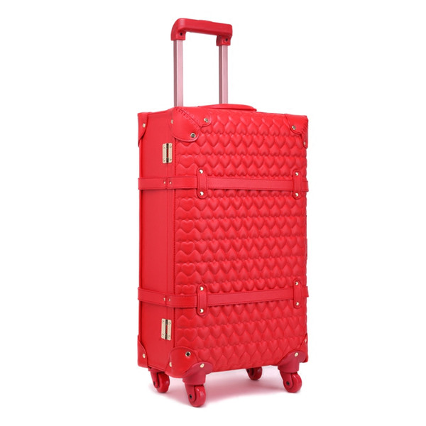 Chinese red pu leather travel luggage,high quality bride trolley luggage set,12 22 24inches vintage luxur heart type luggage set