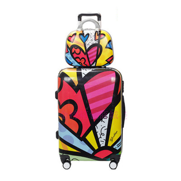 2PCS/SET 14 inch Cosmetic case with 20/24 inch trolley case women spinner trolley luggage handbag rolling suitcase travel bag