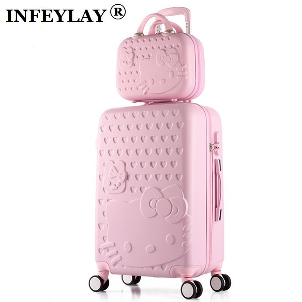 HOT 2PCS/SET 14inch Cosmetic bag hello Kitty 22 28 inch girl trolley case ABS+PC students Travel luggage woman rolling suitcase