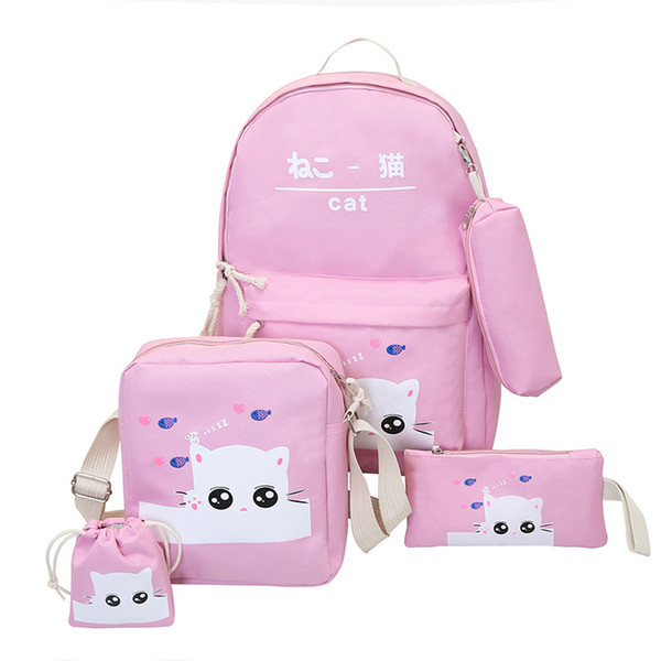 2019 new luxury designer backpack Korean version of the cartoon cute cat five-piece backpack high junior high school students bag tide