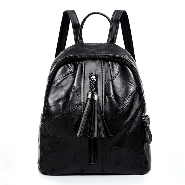 Black Real Leather Backpack for Girls Schoolbag Casual Daypack