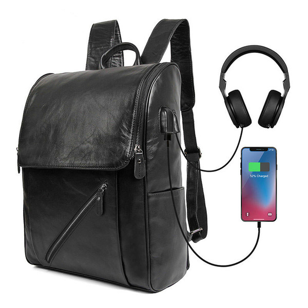 Men Backpack Real Leather Male Functional Waterproof backpacks big capacity Men School Bags USB Charging Port