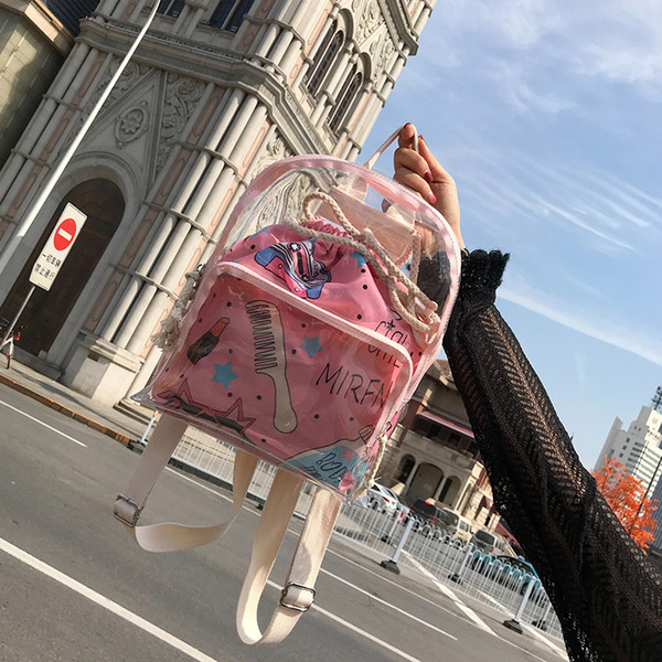 2018 New PVC Transparent Women Backpack Girls Pink Clear Backpack Leisure Student Jelly Packbag for Outdoor Sports Travel Beach Teenager Bag