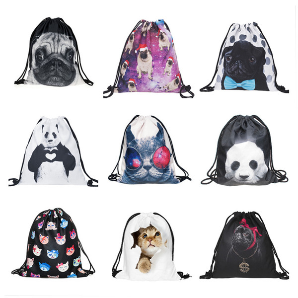 9 colors Cartoon Cat and pug small Backpack women 3D printing travel softback mochila drawstring bag School girls backpacks