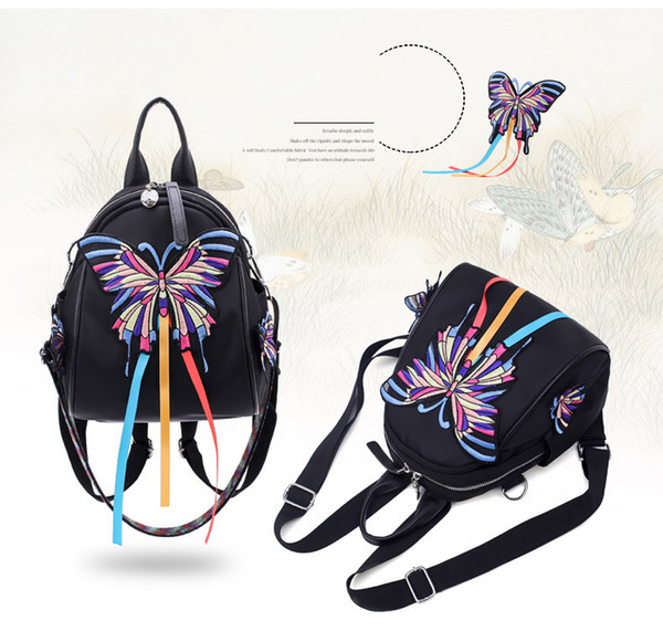 2018 New Nylon Backpack National Wind 3D Butterfly Embroidery Trend Work Exquisite Ms. Backpack High-capacity backpack