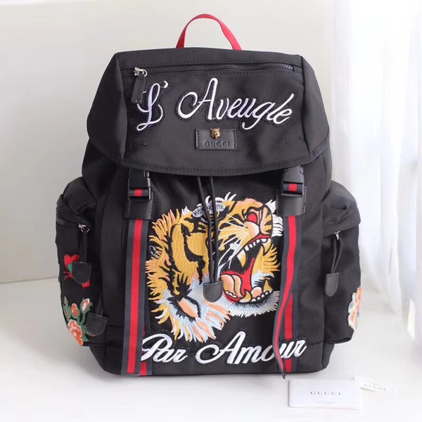 Embroidered tiger flowers backpack designer backpack handbag high quality two-color stitching backpack school bags outdoor bag free shipping