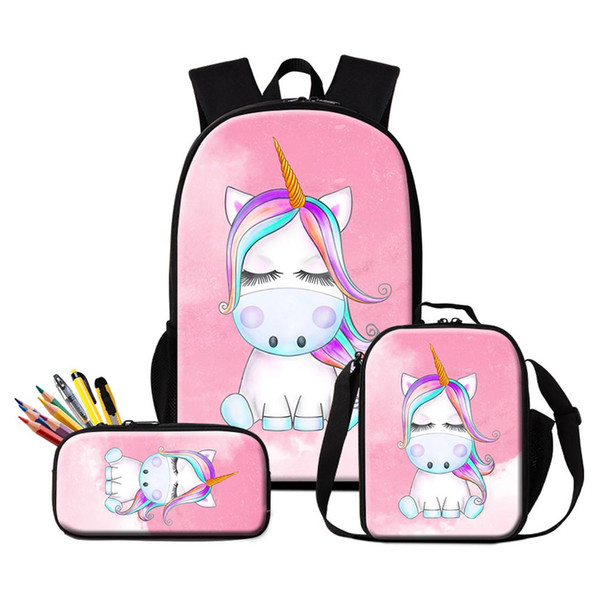 Customize Your Own Design Logo Backpacks Pencil Case Lunch Bags 3 PCS Set For Primary Students Children Lovely Unicorn Bookbag Girl Rucksack