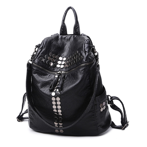 2018 new fashion street black washed leather backpack middle school students rivet bag travel female bag