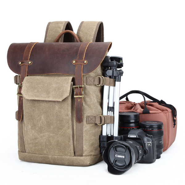 Canvas DSLR Camera Travel Backpack Waterproof Canvas Professional Camera Bag Leather Canvas Camera Bag Removable Insert