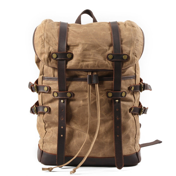 Waxed Canvas and Leather Mens Vintage Backpack Waterproof College Schlool Bag Outdoor Travel Hiking Rucksack fits 16-inch Laptop