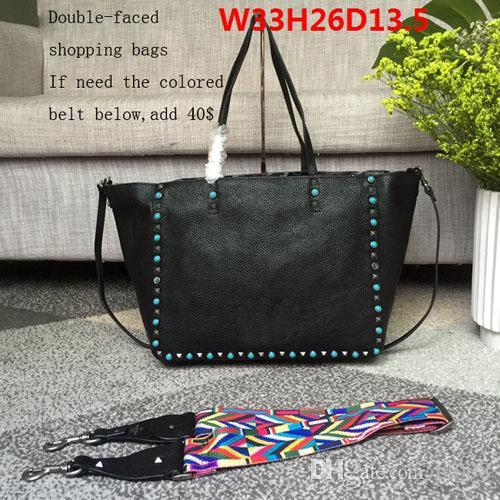 Luxury Designer shopping bags top quality real leather double-faced large volume bags with leather handle and belt popular rivets