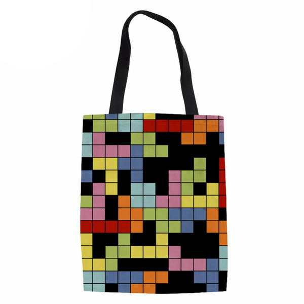 Tetris Border Printing Ladies Duty Canvas Tote Bag Handmade Shopping School Travel Women Folding Shoulder Shopping Bags