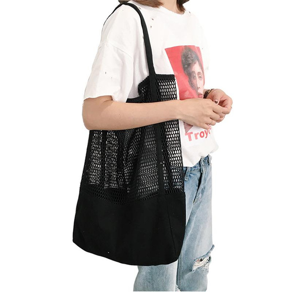 Large Bucket Totes Hollow Out Beach Bag New Women Mesh Handbags Foldable Shopping Bag Lady Casual Handle Bags Black White