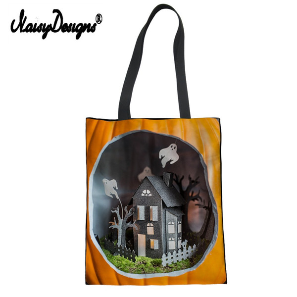 NoisyDesigns Halloween Pumpkin Skull Print Women Foldable Shopping Bag Handbags Tote Bags Reusable Eco-friendly Cotton Large bag