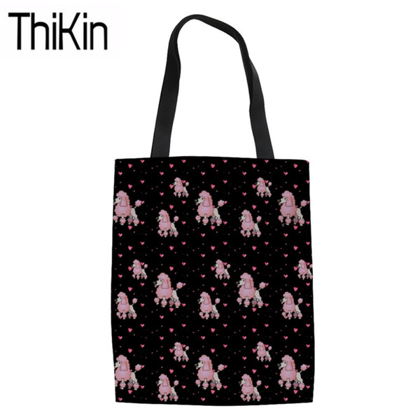 THIKIN Foldable Shopping Bags Women Poodle Printing Canvas Tote Bag Ladies Heavy Duty Shoulder Bags for Females Eco Shopper Bag