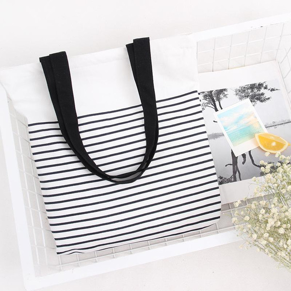 Wholesale- Cute Striped Cotton Canvas Handbags / Eco Daily Female Single Shoulder Shopping Bags Tote Women Beach Bags