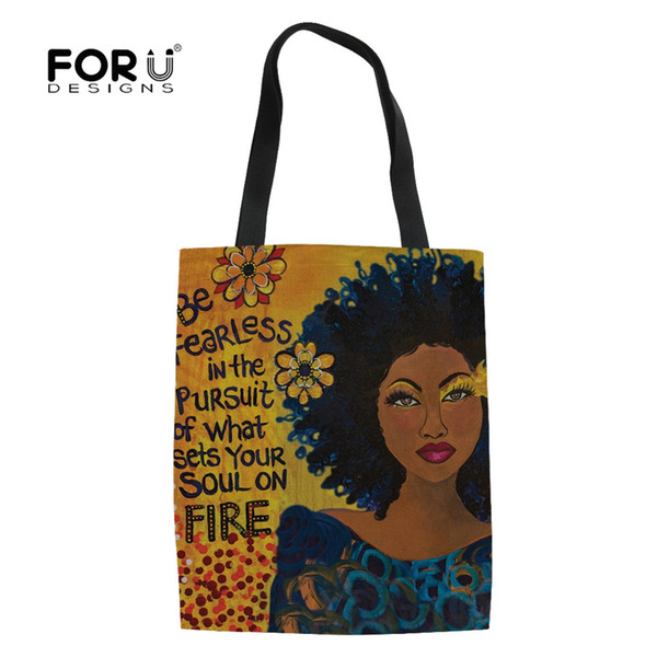 FORUDESIGNS Art Afro Lady Girls Printing Canvas Reusable Shopping Bag Women Foldable Grocery Storage Bags Large Casual Totes Bag