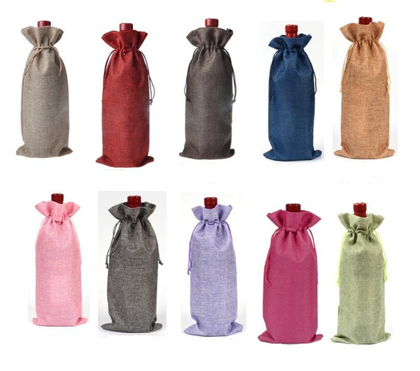 16 * 36cm Linen Drawstring wine red Bags wine bottle packaging jute red wine pouches custom logo.