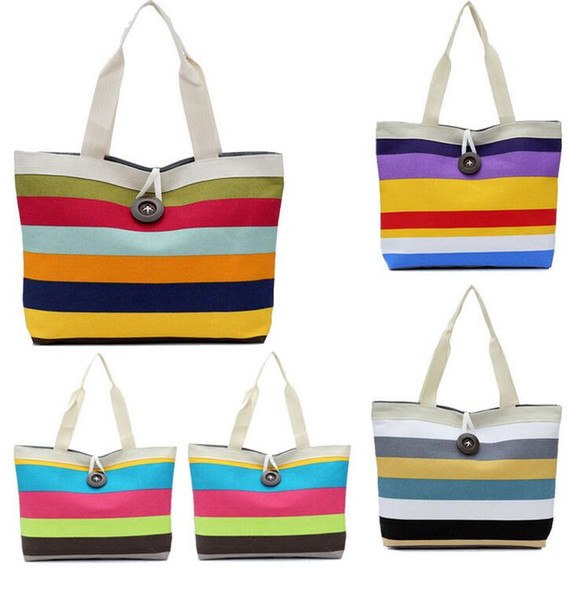 Hot Canvas Women Bag Fashion Colorful Striped Women's Handbags Shoulder Bag Ladies Casual Shopping Bags 6 Colors choose DHL Free