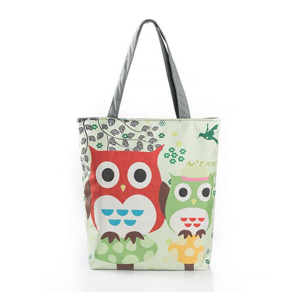 Wholesale Cartoon Floral Owl Printed Canvas Tote Female Casual Beach Bags Large Capacity Women Single Shopping Bag Daily Use Canvas Handbags