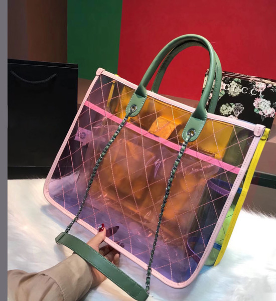 2018 spring and summer new transparent large size handbags, color chain shopping bags, beach bags high-end vacation series is more light and