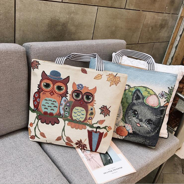 2019 canvas shopping bag women Tote stuff pouch animal Owl pattern handbag zipper female item organizer embroidery drop Free Shipping