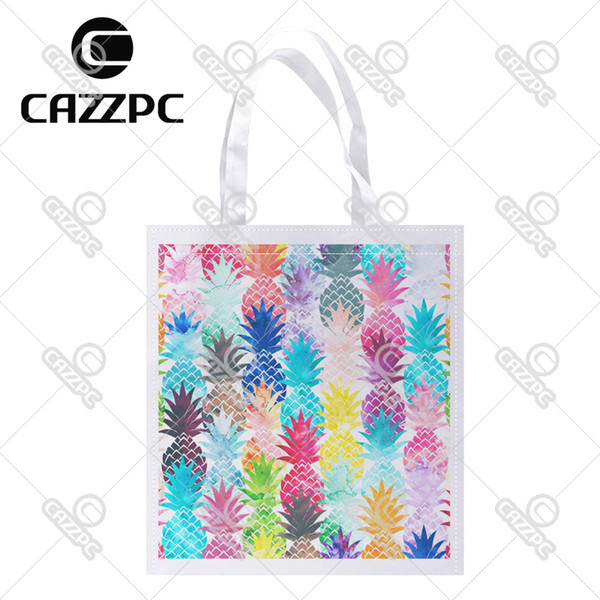 Wholesale- Watercolor Pop Art Hawaiian Pineapple Tropical Summer Style Print Lightweight Polyester Fabric Reusable Grocery Bag Pack of 4