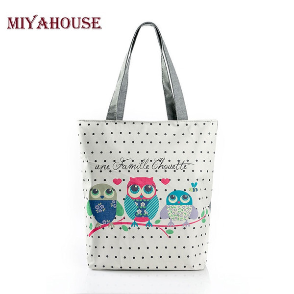 Cartoon Owl Print Casual Tote Lady Canvas Beach Bag Female Handbag Large Capacity Daily Use Women Single Shoulder Shopping Bags