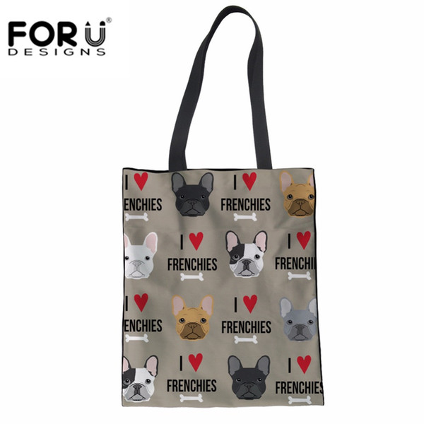 FORUDESIGNS Women Canvas Shopping Bags French Bulldog DIY Print Fashion Totes Shoulder Versatile Sack Summer Beach Girls Handbag