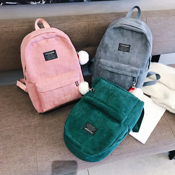 Made in China new casual strips fluffy ball riding backpack corduroy junior high school female students large capacity travel bag multi-func