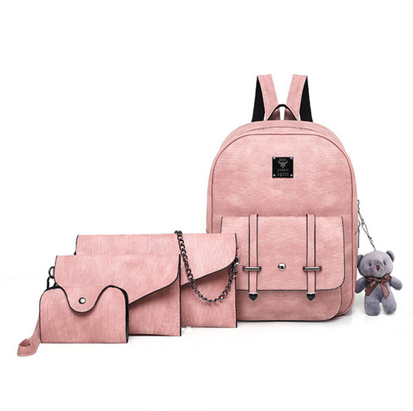 Girl Cute Backpack Bear Pendant Bag Students Fashion 4 Piece School Bags