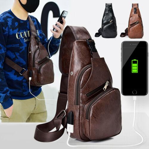 Designer-Men PU Leather Sling Chest Pack Crossbody Sport Shoulder Bag + USB Charging Port