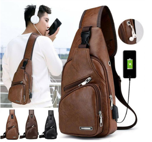 New Pu Waterproof Casual Shoulder Diagonal Bag Men Charging Bag Sports Usb Outdoor Chest Bag