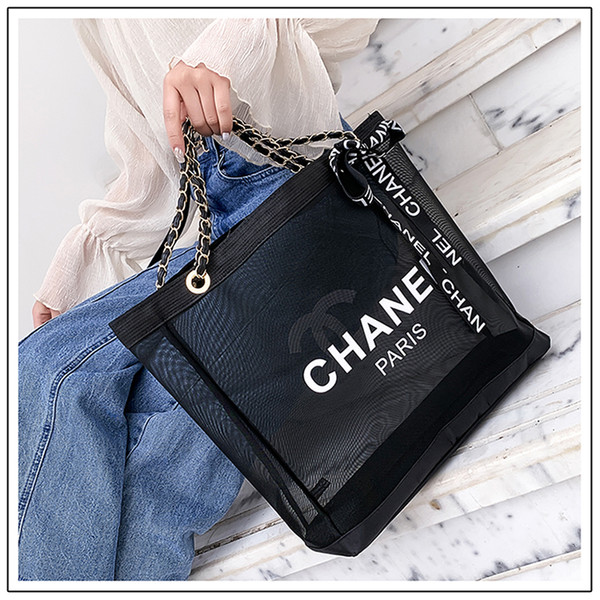 women Transparent Mesh Chain Shoulder Bags casual tote Designer Brand printing Shopping Handbags black color MMA1809