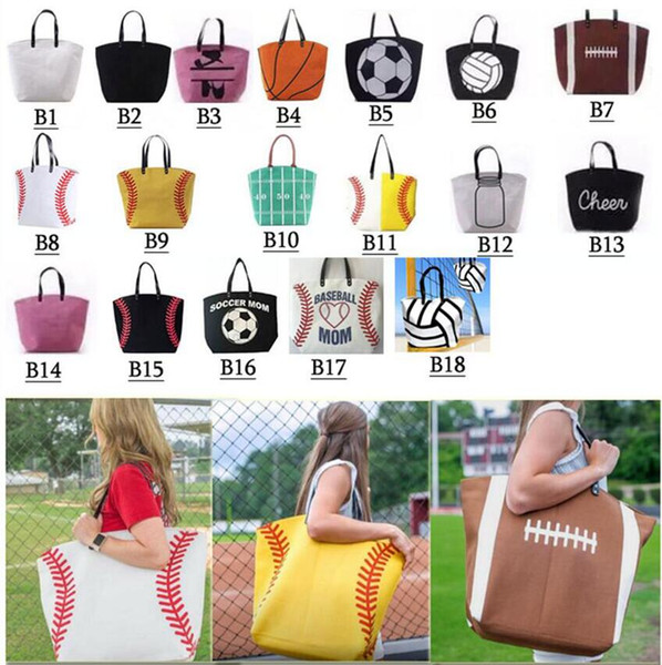 18 styles Canvas Bag Baseball Tote Sports Bags Fashion Softball Bag Football Soccer Basketball Cotton Canvas Tote Bag GGA189 50pcs