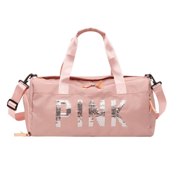 Women Sequins Nylon Sport Luggage Handbags Travel Shoulder Tote Letter Printing PINK Duffel Gym Bag Waterproof Fitness Bag