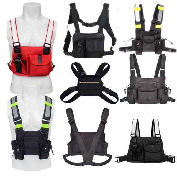 Tactical Vest Chest Rig Bag Adjustable Radio Chest Harness Holster Walkie Talkie Pouch Sports Outdoor Reflective Strip Oxford Cloth Packe