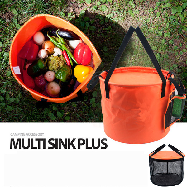 4 In 1 Set Folding Bucket for Camping Outdoor Kitchen Hiking Tool Wash Drain Storage Survival Kit with Draining Mesh Bag